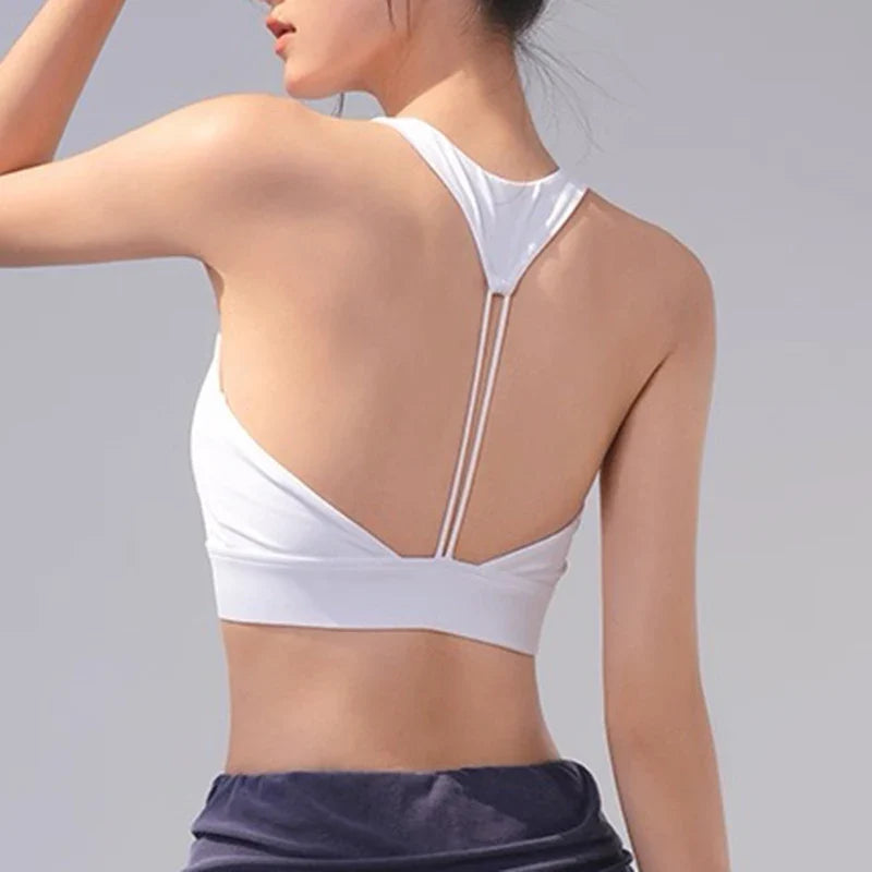 Women's Sexy Slim Strap Yoga Sports Bra Shock-Absorbing Gathered Back Design for Training Run Integrated Beautiful Back Style