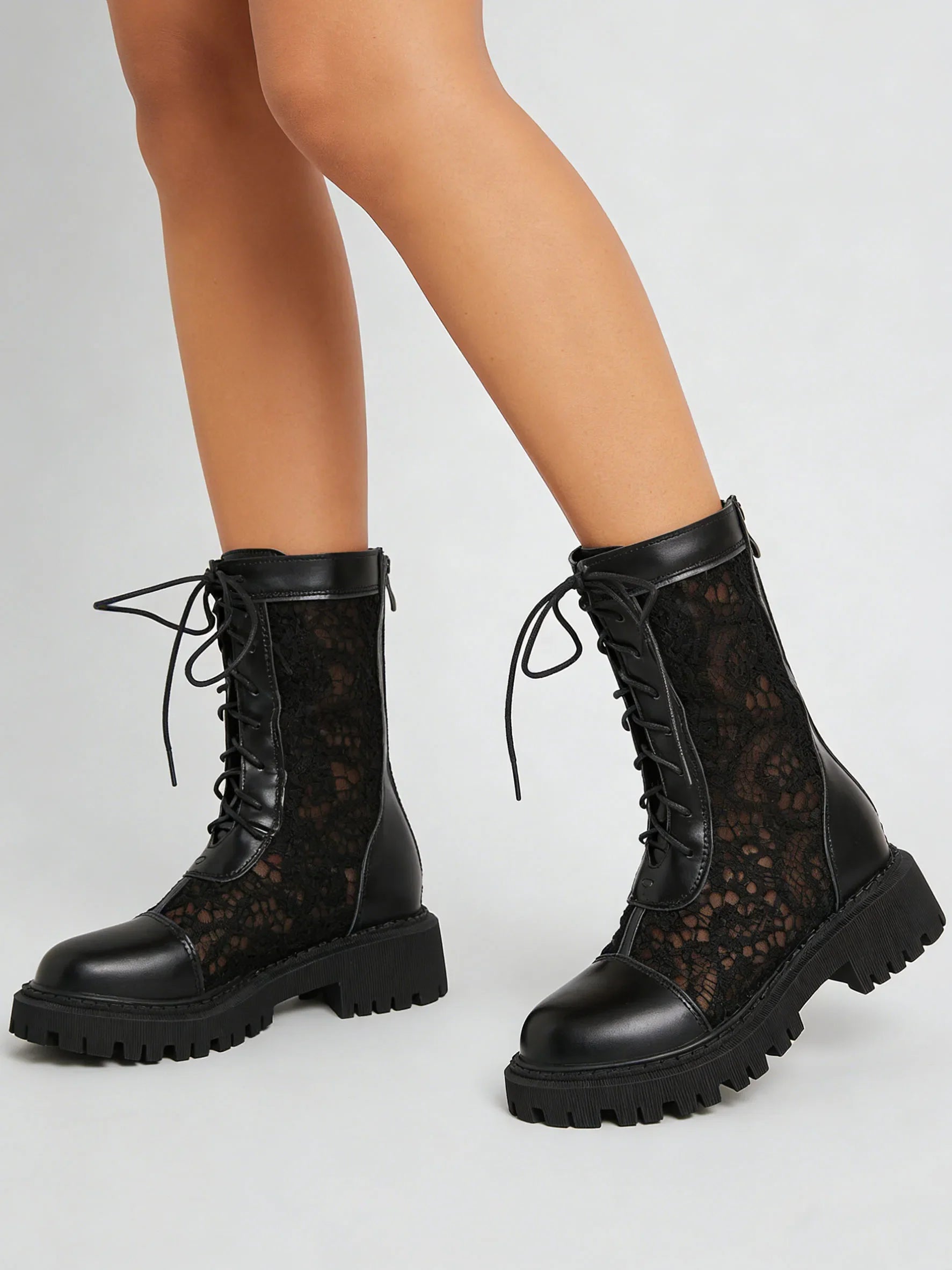 2026 New Big Size 45 Chic Black Lace Mesh Summer Boots Women Round Toe Square Heels Shoelace Zip-up Mid-calf Boots Shoes