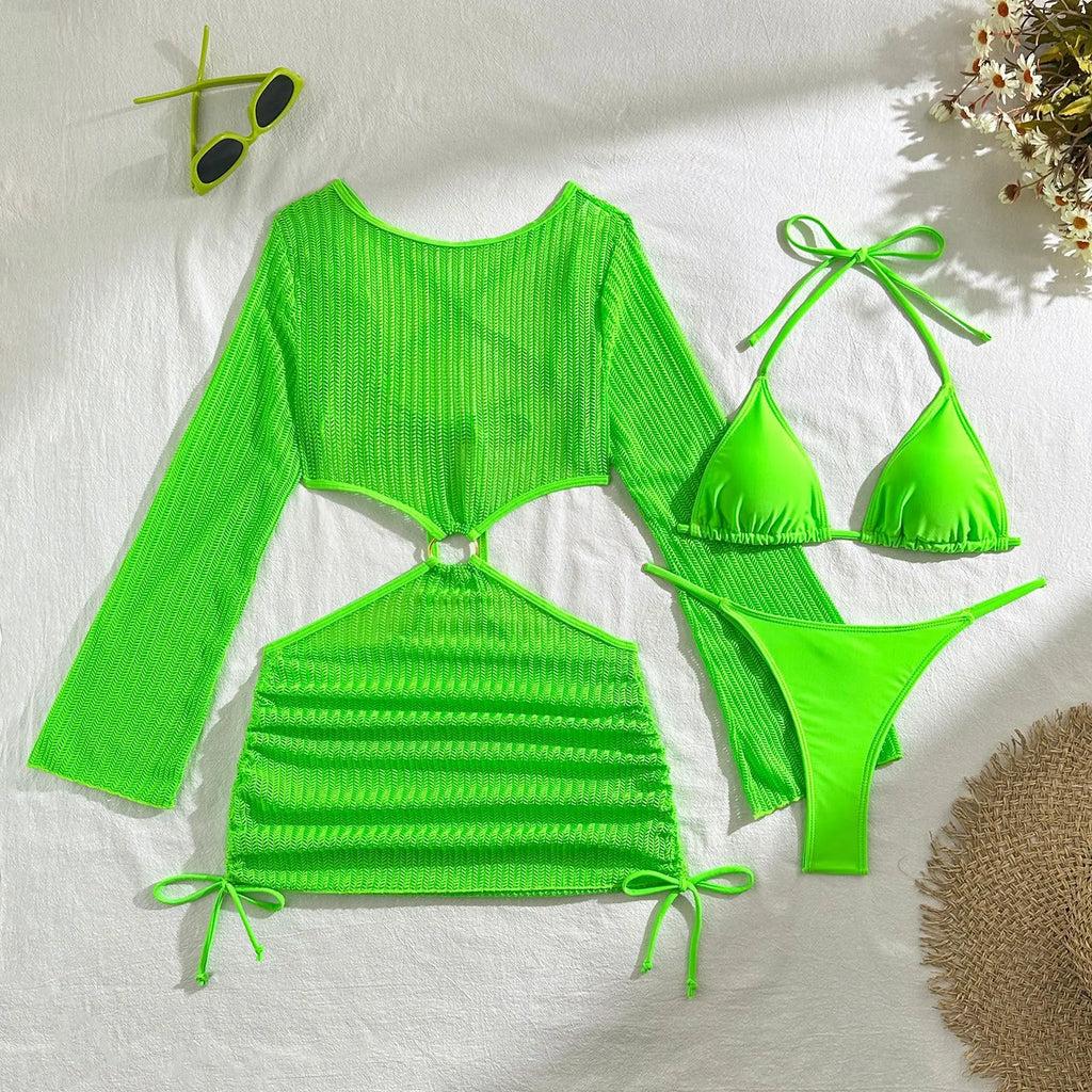 Women micro mini halter bikinis sets 3pcs with knitted long sleeve hollow out mini dress swimsuit bathing suit beach outfits