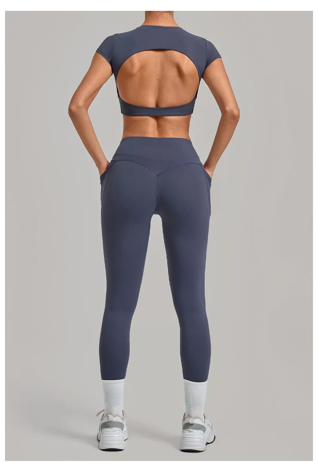 Yoga Set Women's Tracksuit Short Sleeve Back Hollow Out Sports Top Athletic Wear Tight High Waist Pocket Leggings Fitness Suits