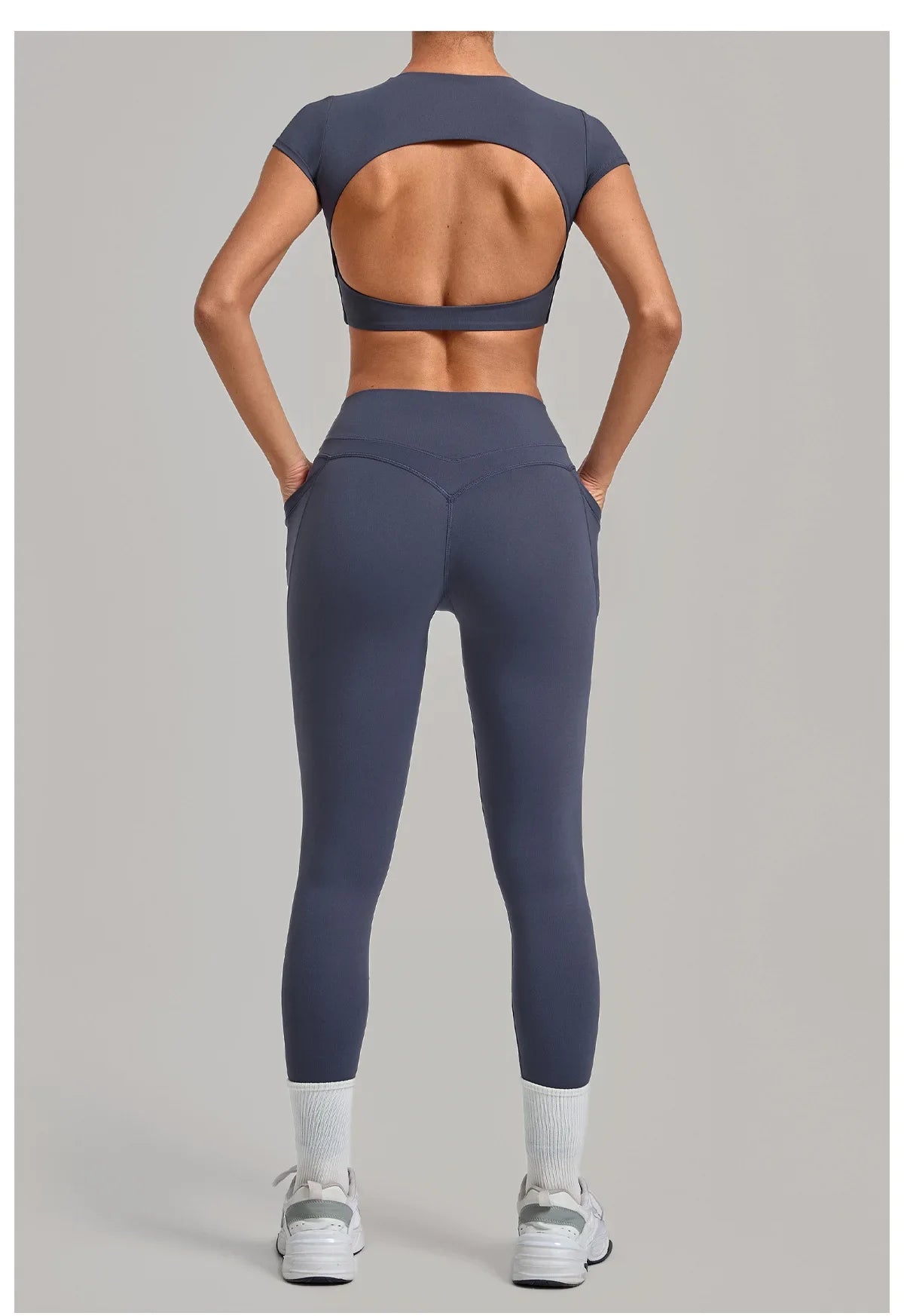 Yoga Set Women's Tracksuit Short Sleeve Back Hollow Out Sports Top Athletic Wear Tight High Waist Pocket Leggings Fitness Suits