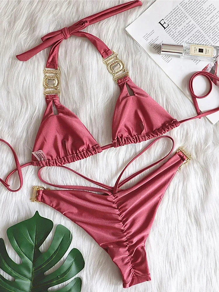 Halter Jewelled Diamond Bikini Women Swimsuit Female Triangle Swimwear Two piece Bikini set Brazilian Bather Bathing Suit Swim