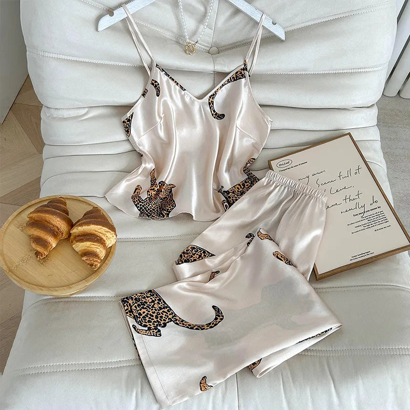 Women Sleepwear Summer Ice Silk Stain Comfortable 2pcs Pajamas Set V Neck Leopard Print Tops and Long Pants Loungewear