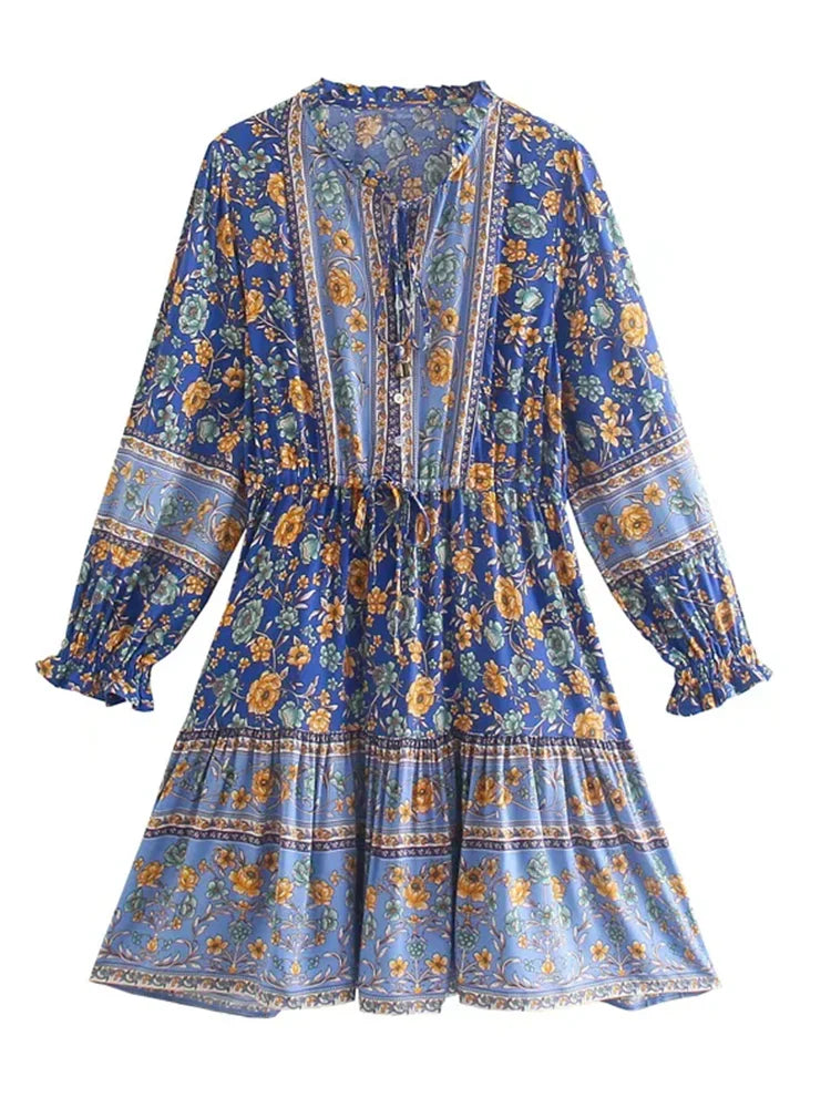 Foridol Bohemian Printed Floral Women Long Dress with Sleeve Spring Summer New in Midi Vestidos Casual Beach Boho Dress Women