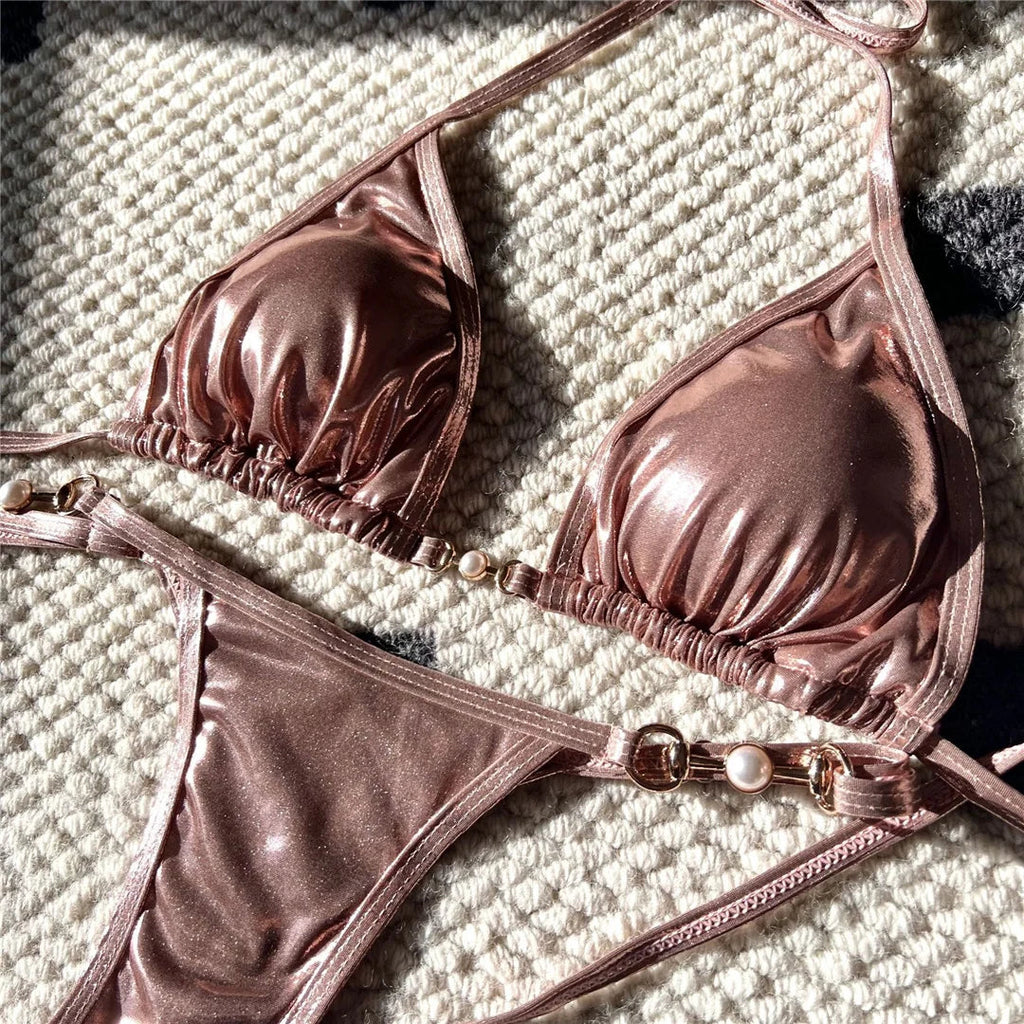 PU Faux Leather Halter Mini Thong Bikini Women Swimwear Female Swimsuit  Two-Pieces Bikini Set Bather Bathing Suit Swim V5206W