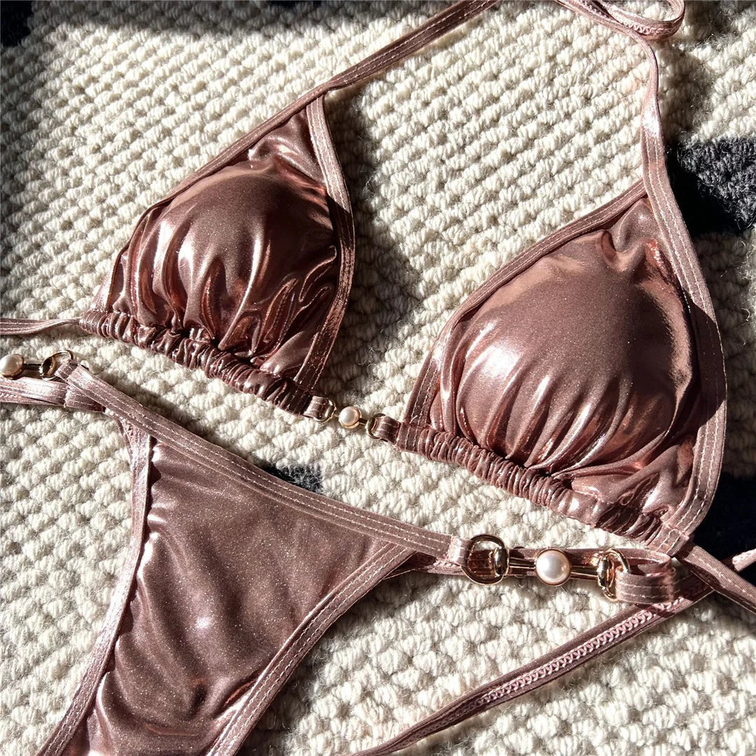 PU Faux Leather Halter Mini Thong Bikini Women Swimwear Female Swimsuit  Two-Pieces Bikini Set Bather Bathing Suit Swim V5206W