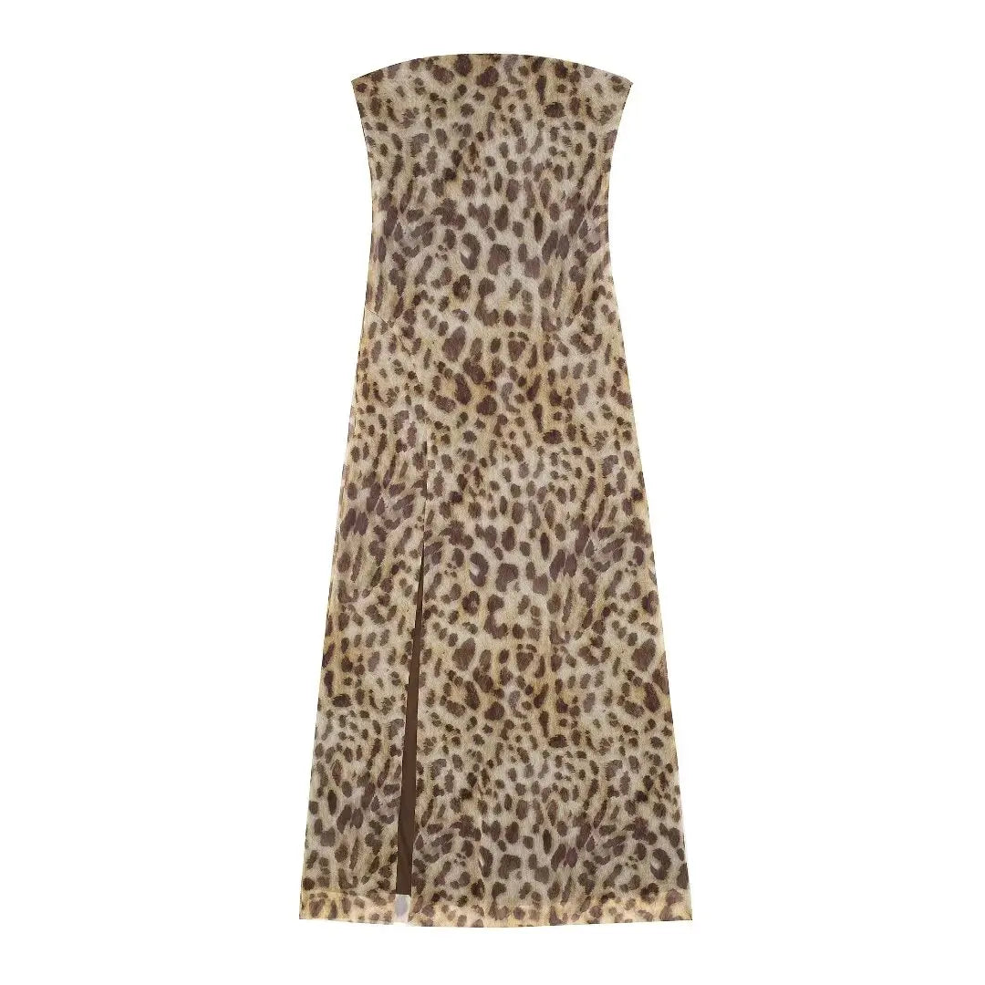 2024 Dress For Women Summer Chic Print Mesh Sleeveless Sexy Side Slit Slim Dresses Wild Beach Resort Style Woman Dress