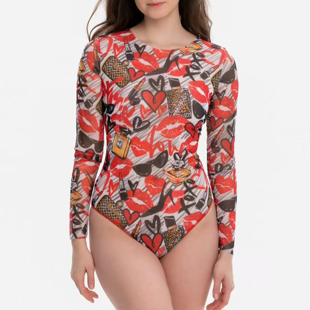 2026 New Women's Patchwork One-Piece Swimsuit Long Sleeve Sports Swimwear Sexy Backless Beach Wear Bather Surfing Suit