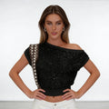 Women Long Sleeve Ribbed Hem and Cuffs Party Autumn Fashion T-shirt Tops Sequined Off Shoulder Knit Top