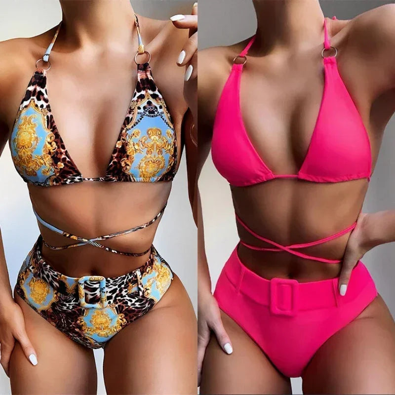 Bikini 2026 Sexy High waist Leopard print Bandage halter Swimwear Swimsuit Women Bikinis Set Bathing Suit Beach Bikini Female