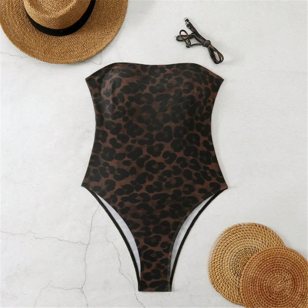 S - XL New Leopard Printed Bandeau Women Swimwear One Piece Swimsuit Female High Leg Cut Monokini Bather Bathing Suit Swim V8051