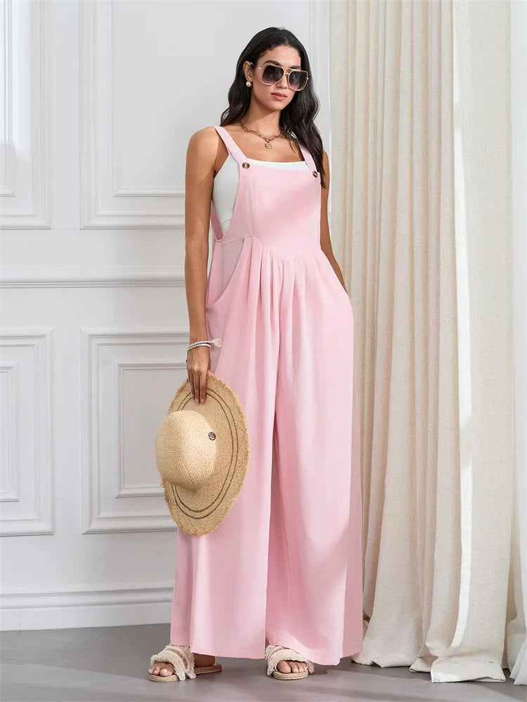 Women Fashion Jumpsuits Sleeveless Buttons Suspender Wide Leg Pant Overalls with Pockets Casual Loose Romper Streetwear