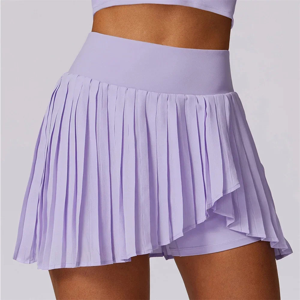 Sports Tennis Short Skirt Women's Summer Pleated Fake Two-piece Quick Drying Skort Fitness High Waist Pocket Yoga Running Skirts