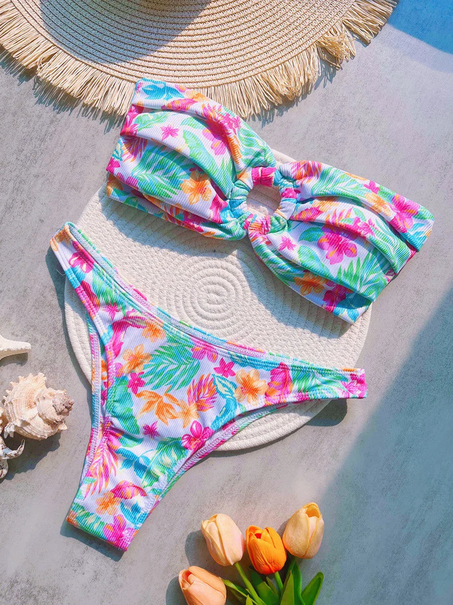 Ribbed Floral Printed Bandeau Bikini Women Swimwear Female Swimsuit Two-pieces Bikini Set High Cut Bather Bathing Suit Swim Lady