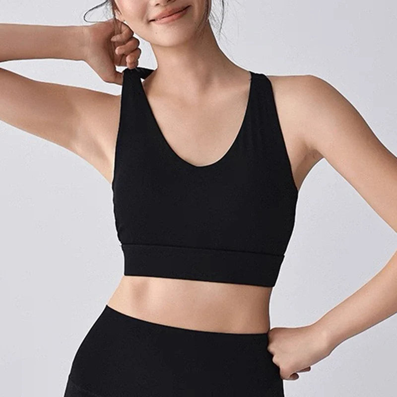 Women's Sexy Slim Strap Yoga Sports Bra Shock-Absorbing Gathered Back Design for Training Run Integrated Beautiful Back Style