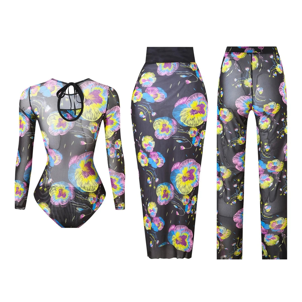 S - XXL 3PCS New Printed Long Sleeve With Pants Sarong Women Swimwear One Piece Swimsuit Female Bather Bathing Suit Swim V7180