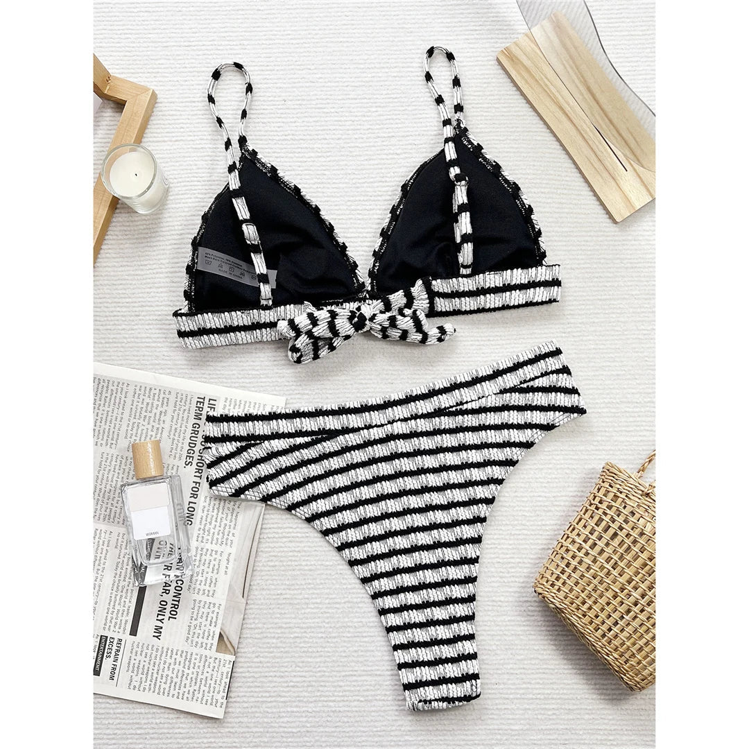 Sexy Black White Striped High Waist Bikini Female Swimsuit Women Swimwear Two-Pieces Bikini Set Bather Bathing Suit Swim V5830