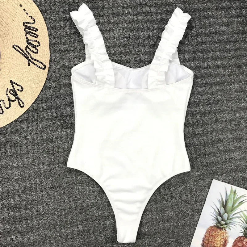 Ribbed Ruffled Frilled Trim Female Swimwear One Piece Swimsuit Women Monokini High Leg Cut Bathing Suit Swim Bodysuit Beach Wear