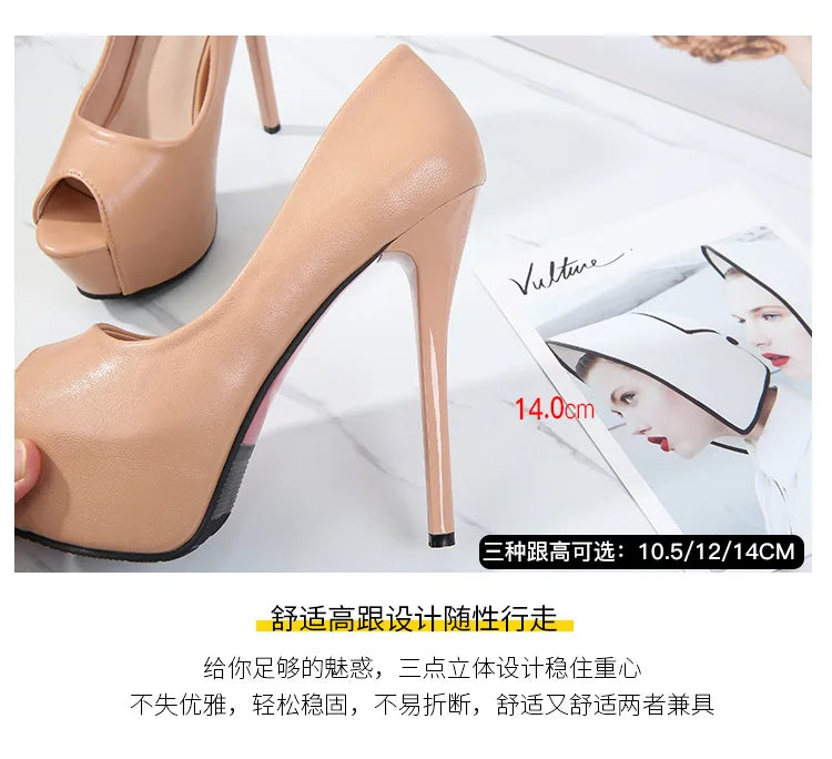 10/12/14cm Super High Heels Women Fashion Leather Shoes Spring Fall Peep Toe Platform Party Nude Black Office Dress Pumps Female