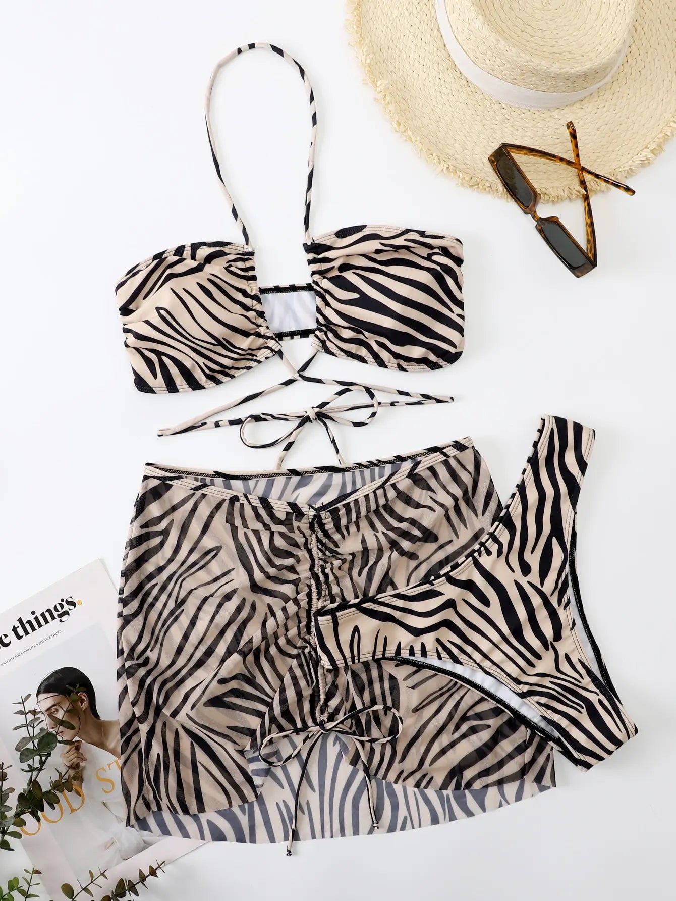 3pack Zebra Stripe Bikini Women Lace Up Swimsuit Beach Skirt 2026 Swimwear Female Padded Bathing Suit Swimming Beachwear Summer