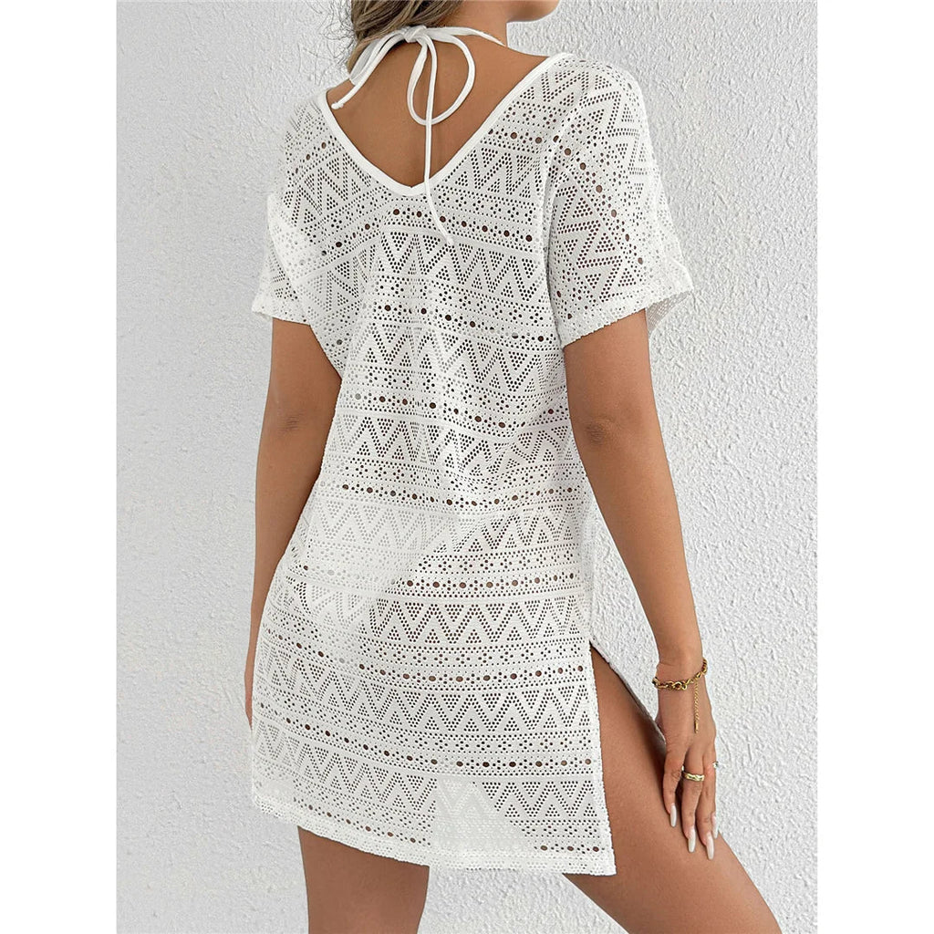 S - XL V Neck Short Sleeve Hollow Out Knitted Tunic Beach Cover Up Cover-ups Beach Dress Beach Wear Beachwear Female Women V8214