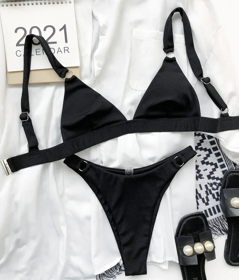 Ribbed Triangle High Cut Bikini Women Swimsuit Female Thong Swimwear Two Pieces Bikini Set Rings Bather Bathing Suit Swim Lady