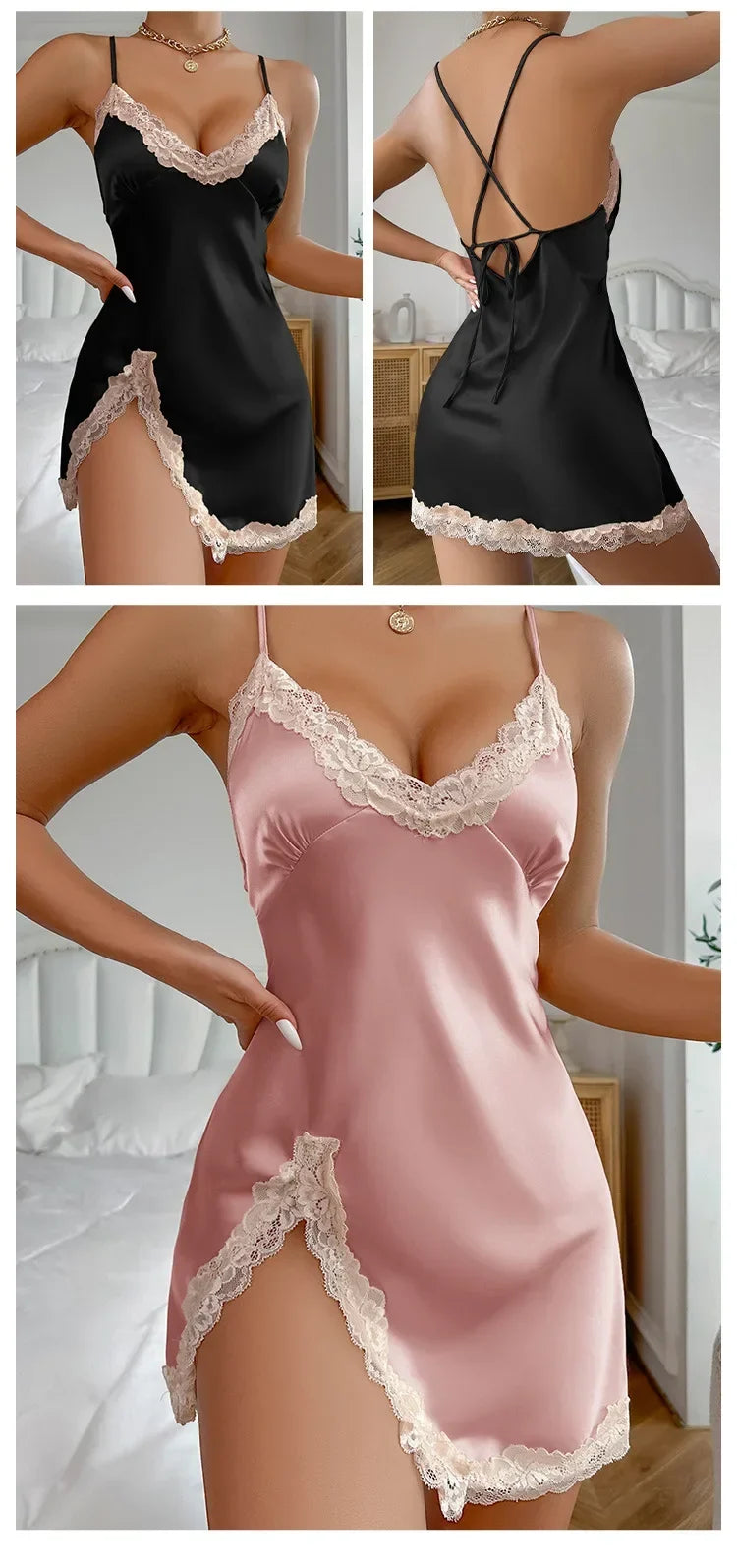 Summer Sleepwear Contrast Lace Silk Satin Nightdress for Women Deep V Backless Lace Up Split Slip Sleep Dress Nightgown
