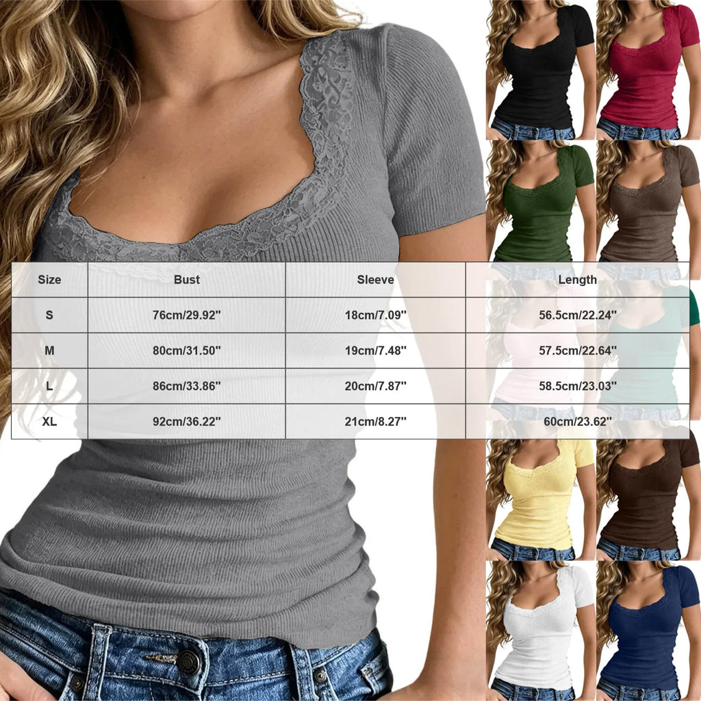 Y2k Lace Patchwork Crop T-Shirt Women Vintage Streetwear Sexy Slim U Neck Tops Female Harajuku Korean Chic Ribbed Bottoming Tees