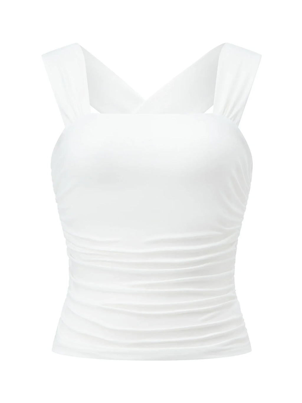 Women Square Neck White Tank Tops Ruched Design Sleeveless Solid Color Slim Fit Crop Tops Summer Vest Shirts