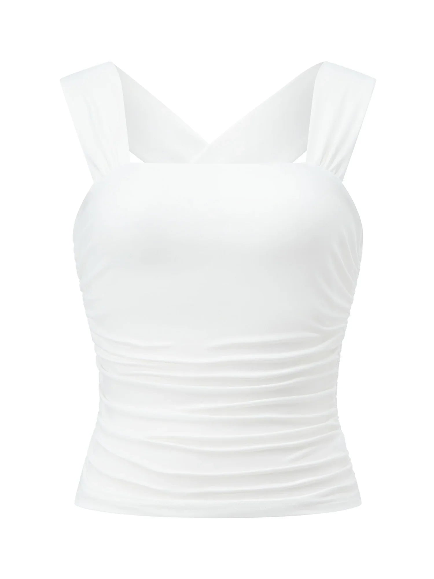 Women Square Neck White Tank Tops Ruched Design Sleeveless Solid Color Slim Fit Crop Tops Summer Vest Shirts