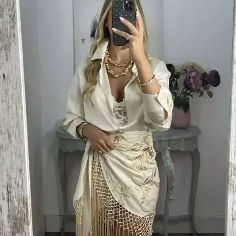 Embroidered Tassel Hem Skirt Elegant Women's Lace Up Mesh Hollow Out Short Skilt 2026 Summer New Chic Female Beach Holiday NT8W
