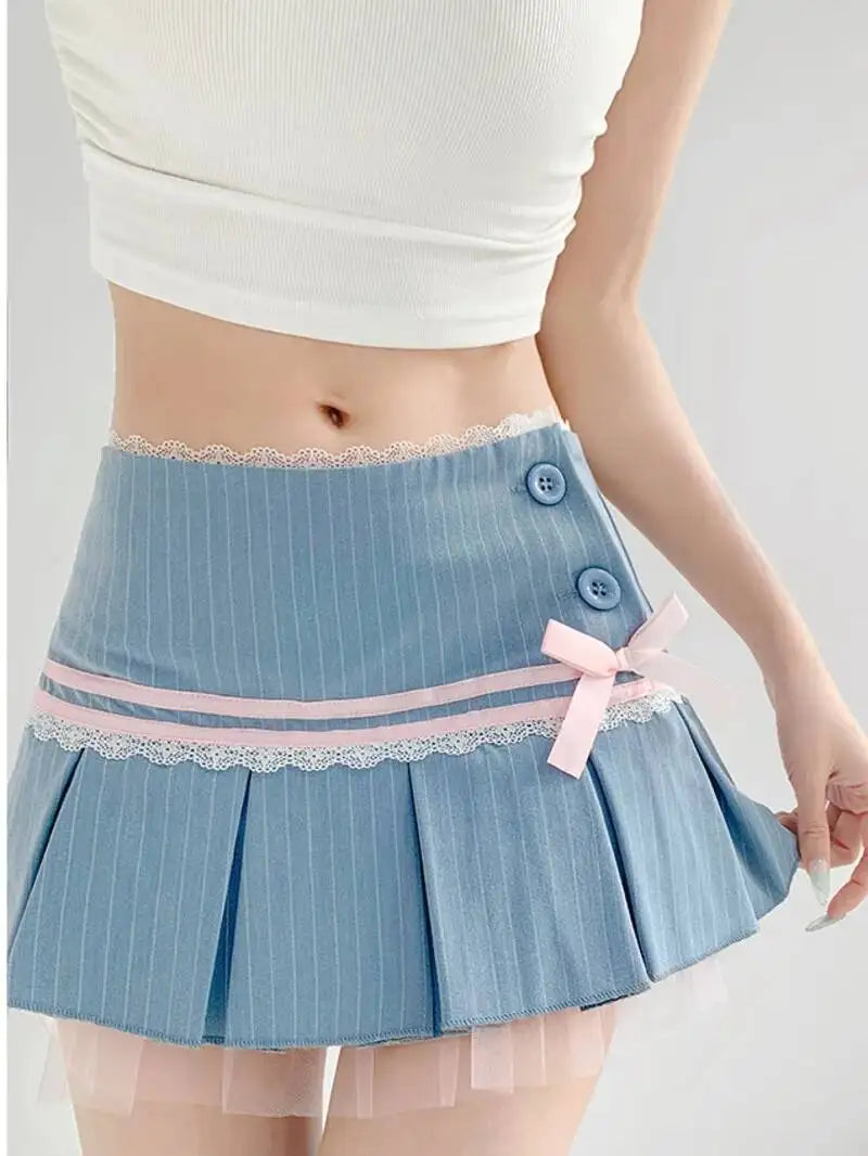Striped Contrasting Color Bow Lace Splicing Pleated Skirt Women 2026 Summer American Style Low Waist  A-line Short Skirt UBFK