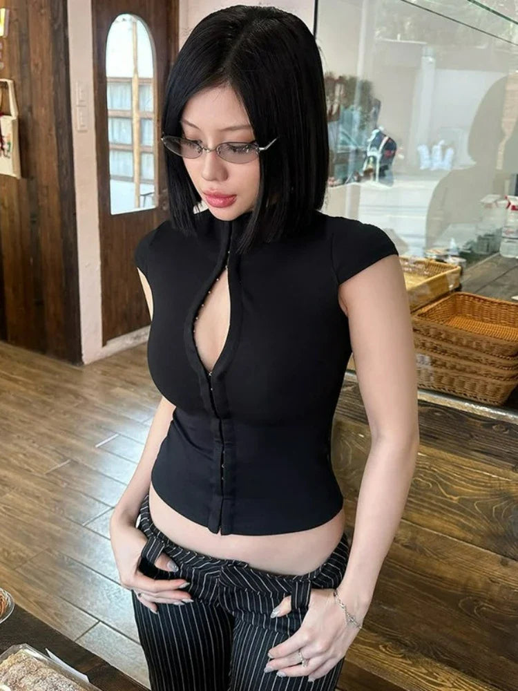 FDYOUI Y2K Streetwear Covered Buttons Black T-shirts for Women Sexy Fashion Short Sleeve Corset Ladies Slim Crop Tops Tee Shirt