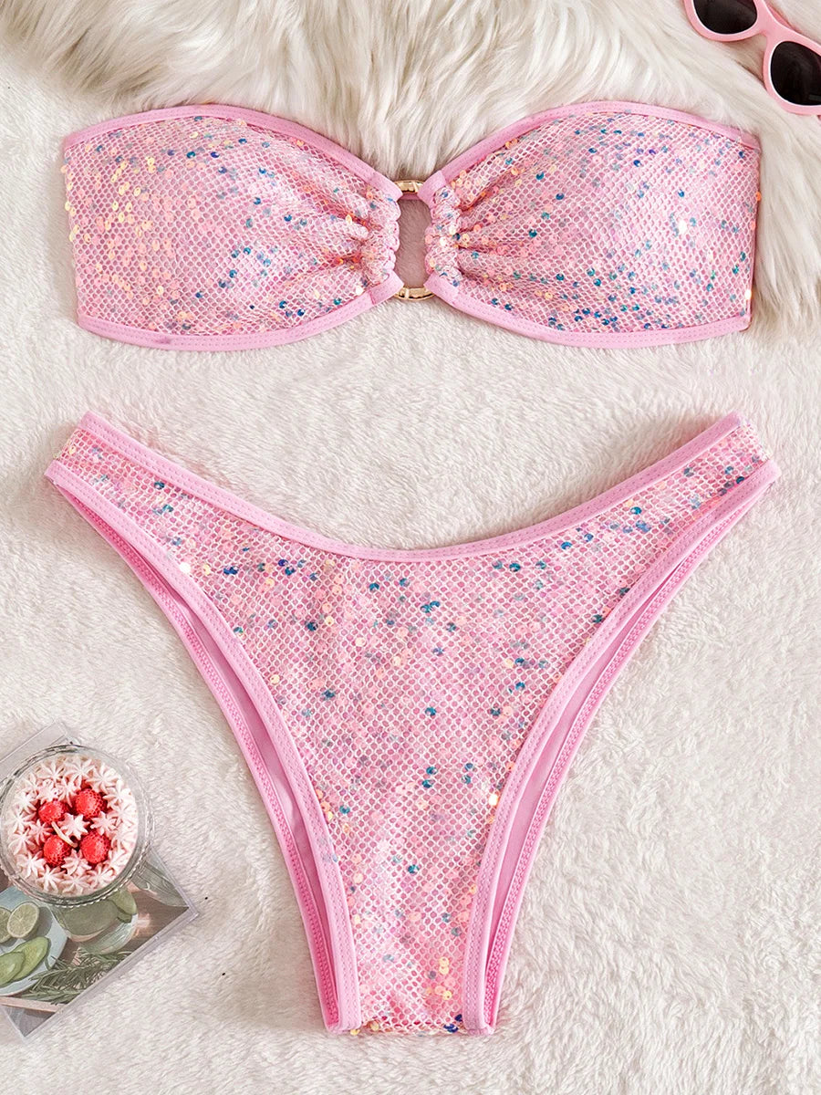 Sequins Shiny Mesh Bandeau Bikini Female Swimsuit Women Swimwear Two-pieces Bikini Set Brazilian Bather Bathing Suit Swim Lady