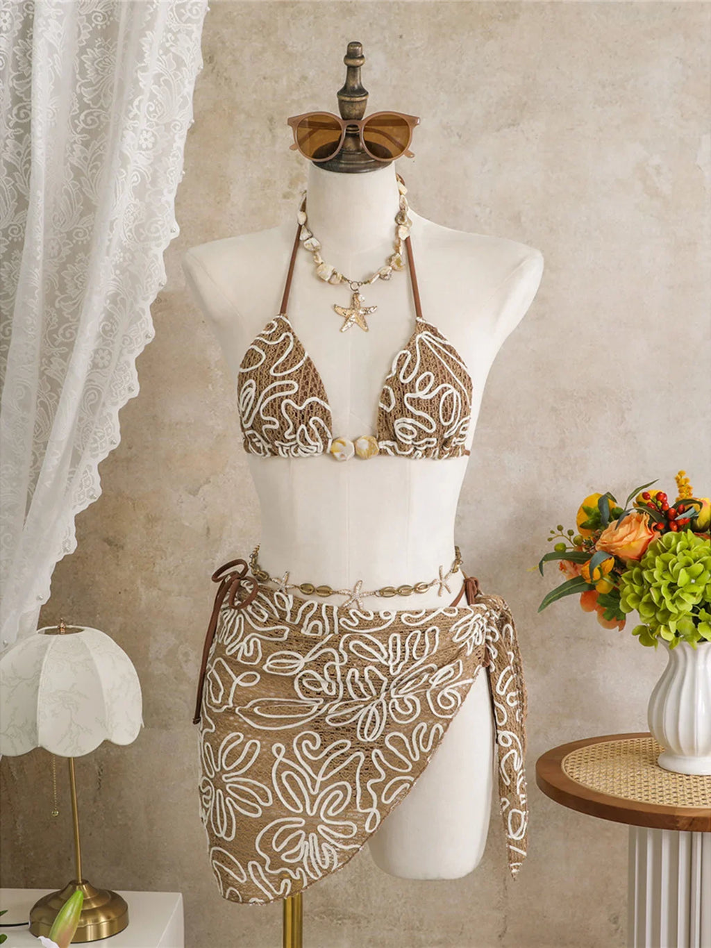 With Sarong Halter Printed Bikini Women Swimwear Female Swimsuit Padded Bather Bathing Suit Swim Three-pieces Bikini set K8073