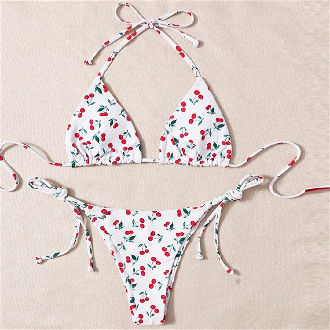 XS - L Cherry Printed Halter Strappy Bikini Female Swimsuit Women Swimwear Two-Pieces Bikini Set Bather Bathing Suit Swim V4894