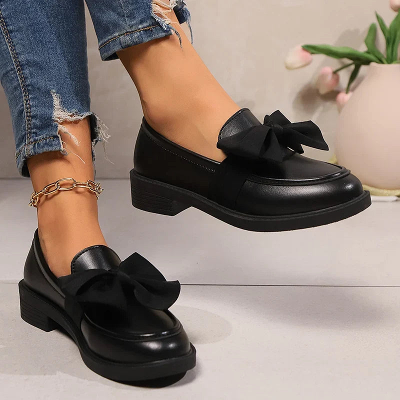 2025 Spring Black Bow Tie Loafers Women Preppy Platform Thick Sole Pumps Lady British Retro Style Office Pu Leather Shoes Mujer