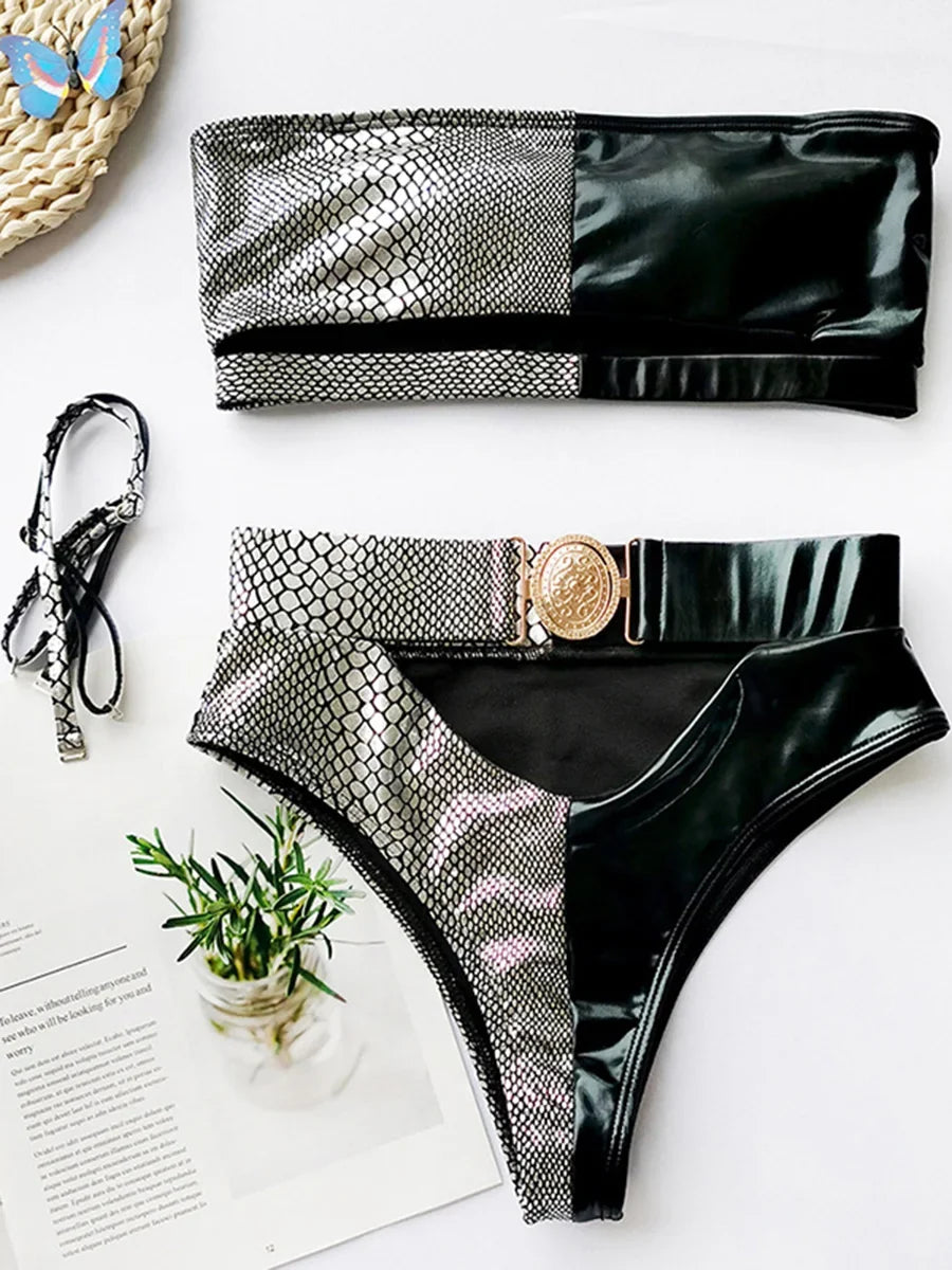 2026 Snake Printed Bandeau Bikini High Waist Swimsuit Women Vintage Swimwear Female Waist Belt Bikini Set Push Up Bathing Suit