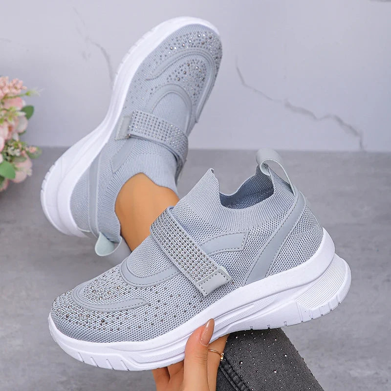 Shiny Crystal White Platform Sneakers Women Comfort Knitted Breathable Walking Shoes Woman Casual Non-Slip Sport Shoes Ladies