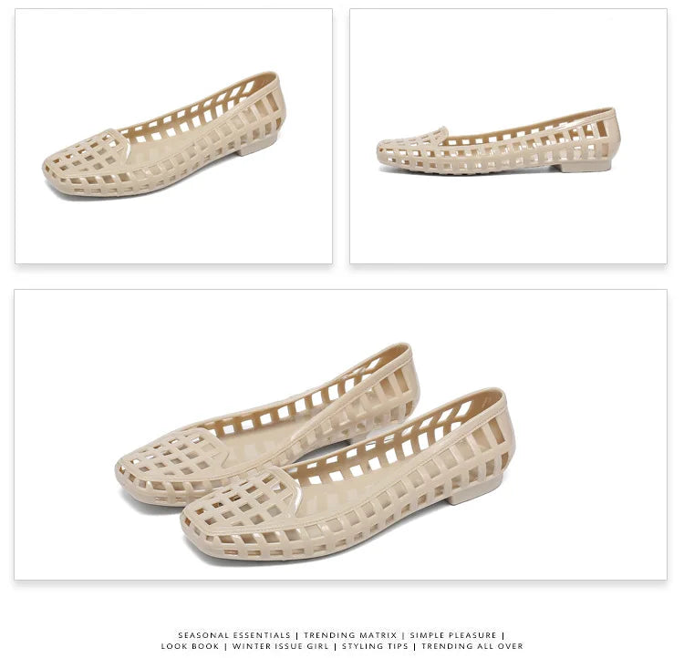 New 2025 Women Fashion Jelly Shoes Summer Cut-out Flat Sandals, Soft PVC Casual Square Toe Girls Daily Walking Sandalias