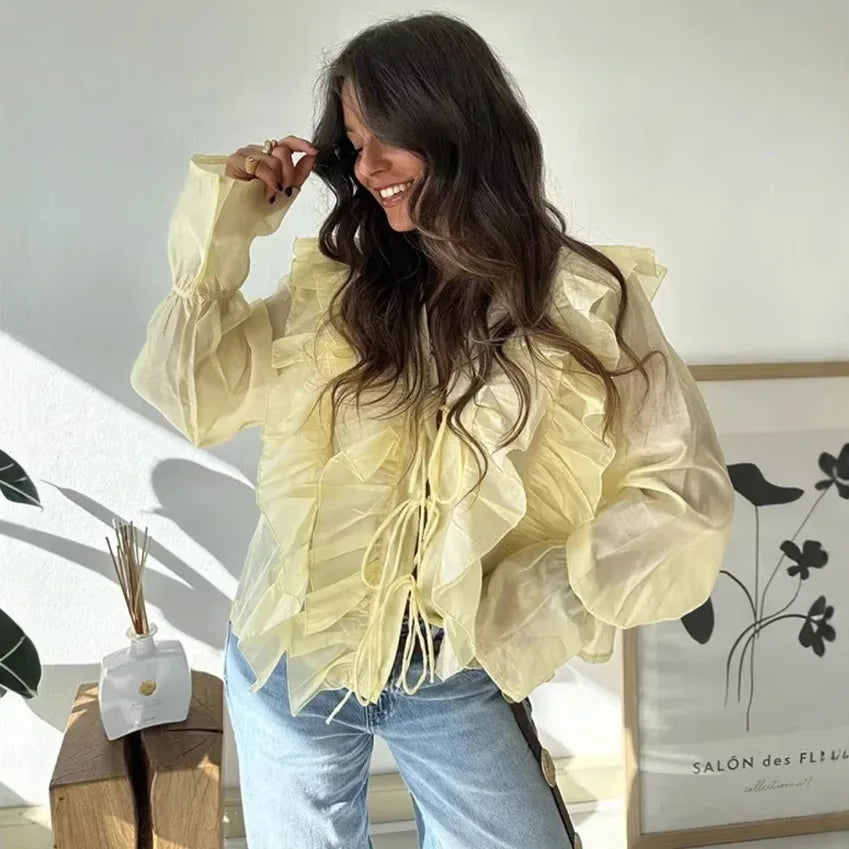 Women's Layered Bell Sleeve Blouse Yellow Ruffled Sheer Blouse V Neck Tie Front Long Sleeve Casual Top With Puffed Sleeves BLZW