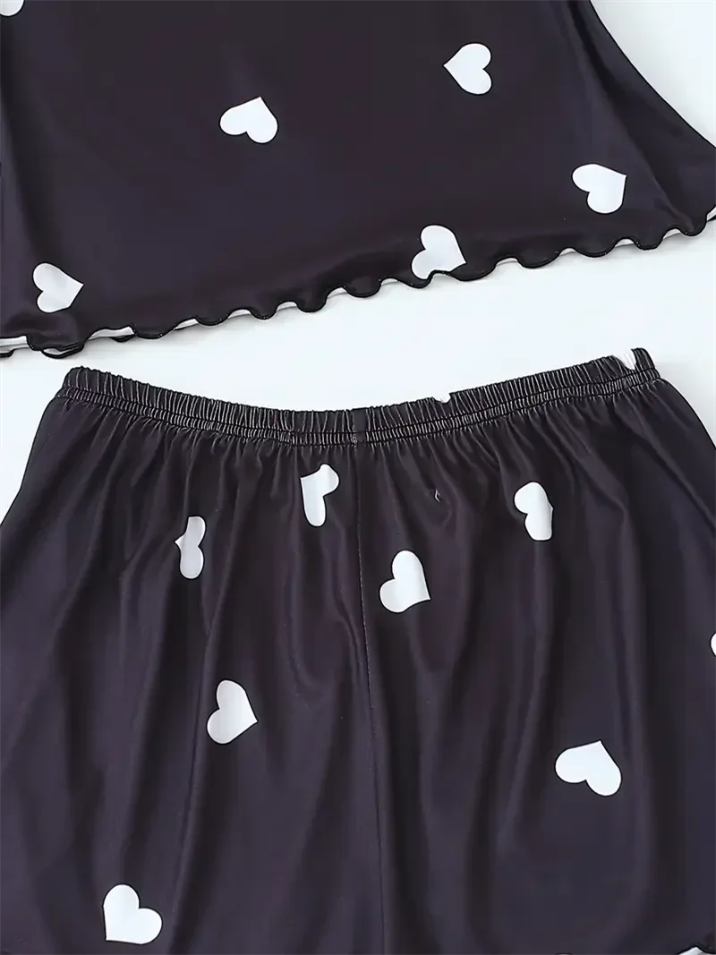 Women's Two-Piece Pajama Sets Summer Sleepwear Suspender Heart Printed Top and Shorts Casual Home Clothes Loungewear