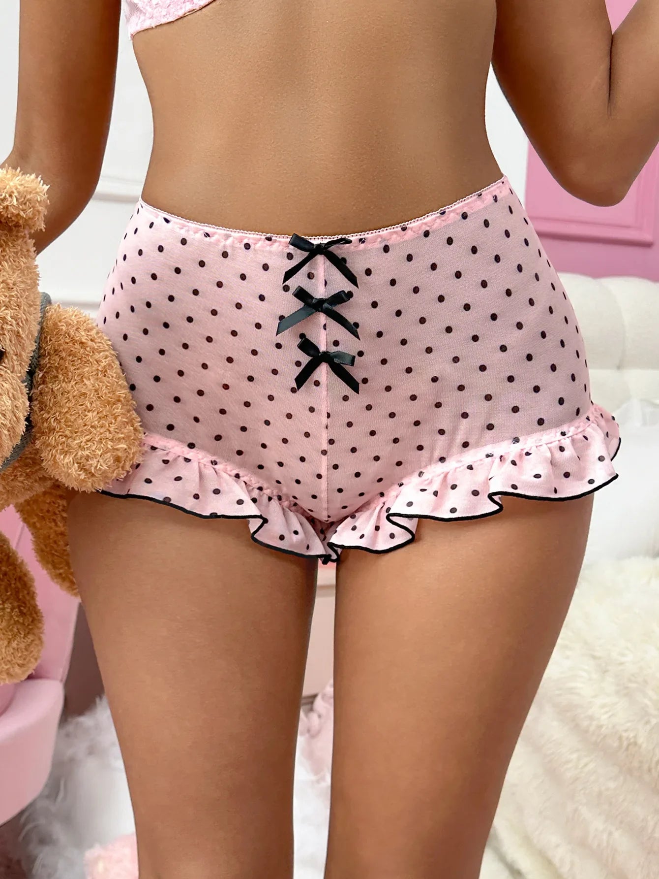 Women Cute Mini Pajama Bottoms Summer Elegant Dots Print Bow Slim Fit Ruffled Shorts for Party Romantic Nights Wear