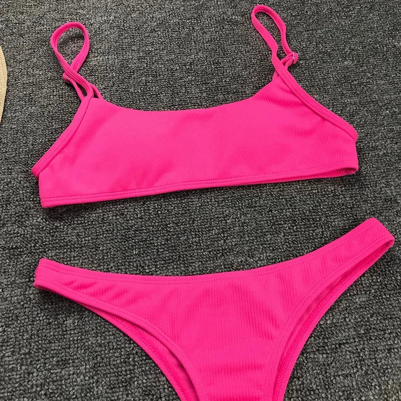 Sexy Neon Yellow Ribbed Brazilian Bikini Women Swimwear Female Swimsuit Two-pieces Bikini Set High Cut Bather Bathing Suit Swim