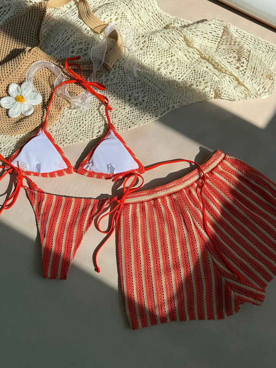 3PCS With Shorts Stripe Halter Fishnet Bikini Women Swimwear Female Swimsuit Three-pieces Bikini Set Bathing Suit Swim Beachwear