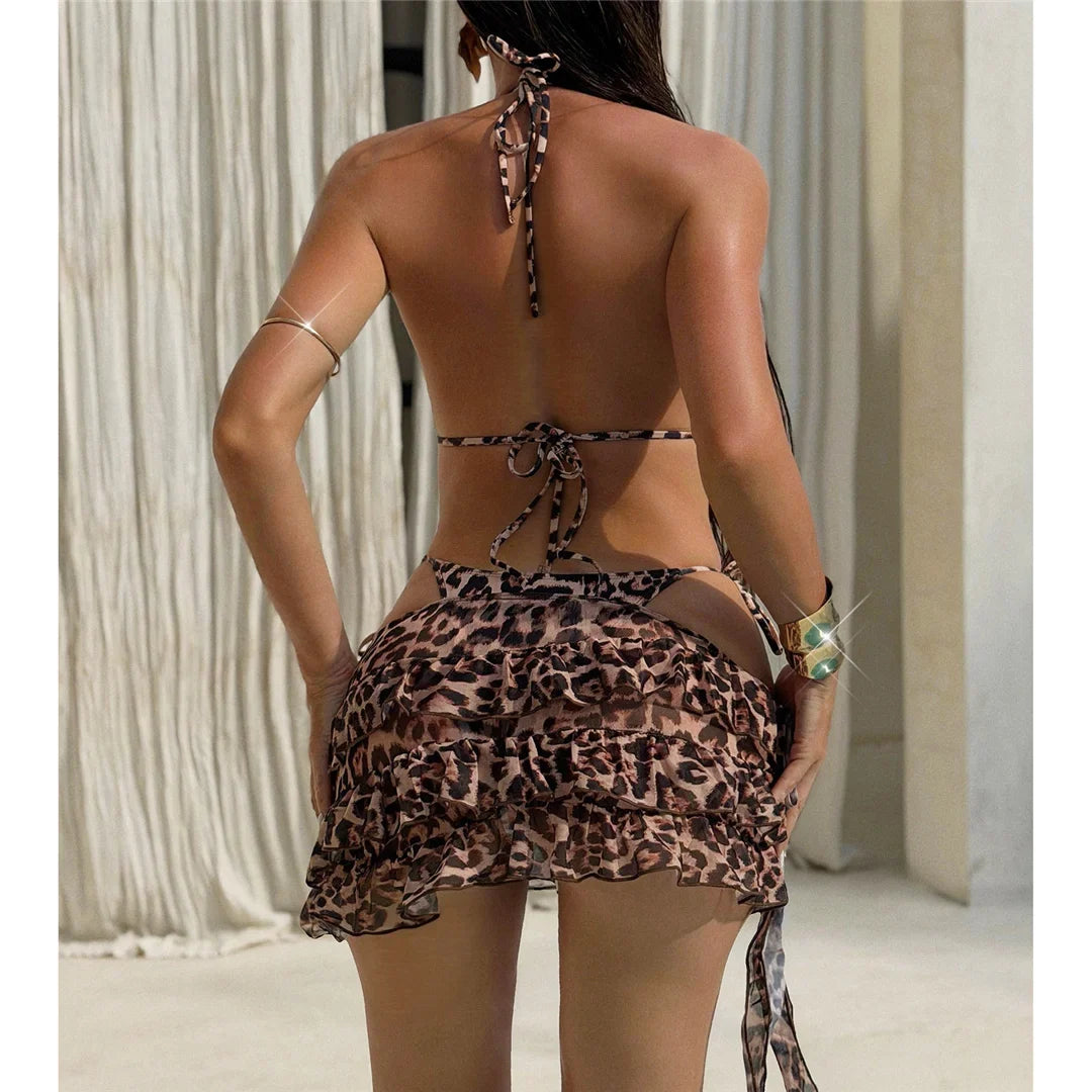 With Skirt Leopard Halter Bikini Female Swimsuit Women Swimwear Frilled Bather Bathing Suit Swim Three-pieces Bikini set K8068