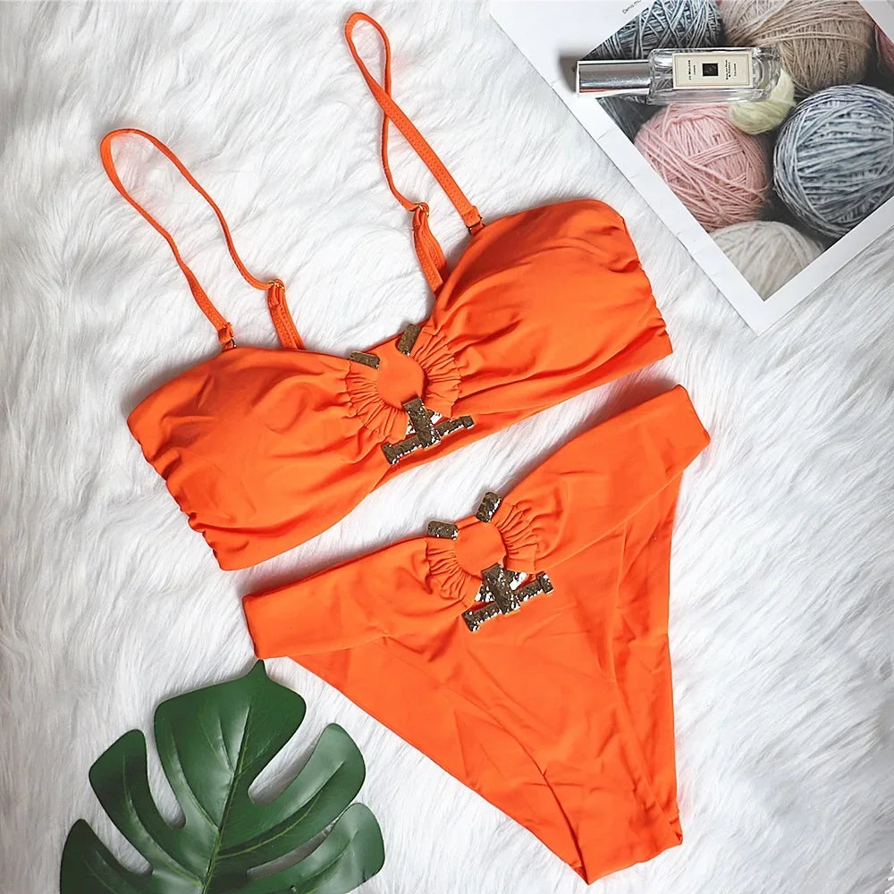 9 Colors Sexy Bikini Women Swimwear Swimsuit High Waist Metal Decor Leopard Print Female Bikinis Set Bathing Suit Beach Biquinis