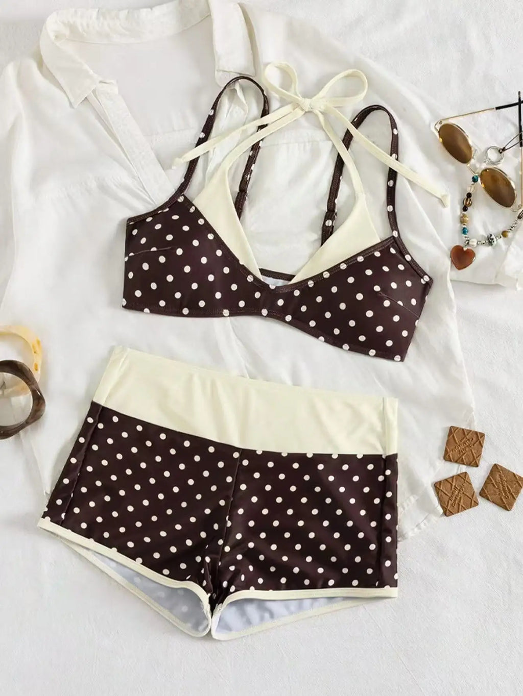 Coffee Polka Dot Print Patchwork Bikini Set 2026 Women Double Strap Push Up Bra High Waist Swimsuit Beach Bathing Suit Swimwear