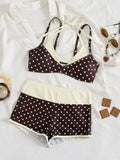 Coffee Polka Dot Print Patchwork Bikini Set 2026 Women Double Strap Push Up Bra High Waist Swimsuit Beach Bathing Suit Swimwear