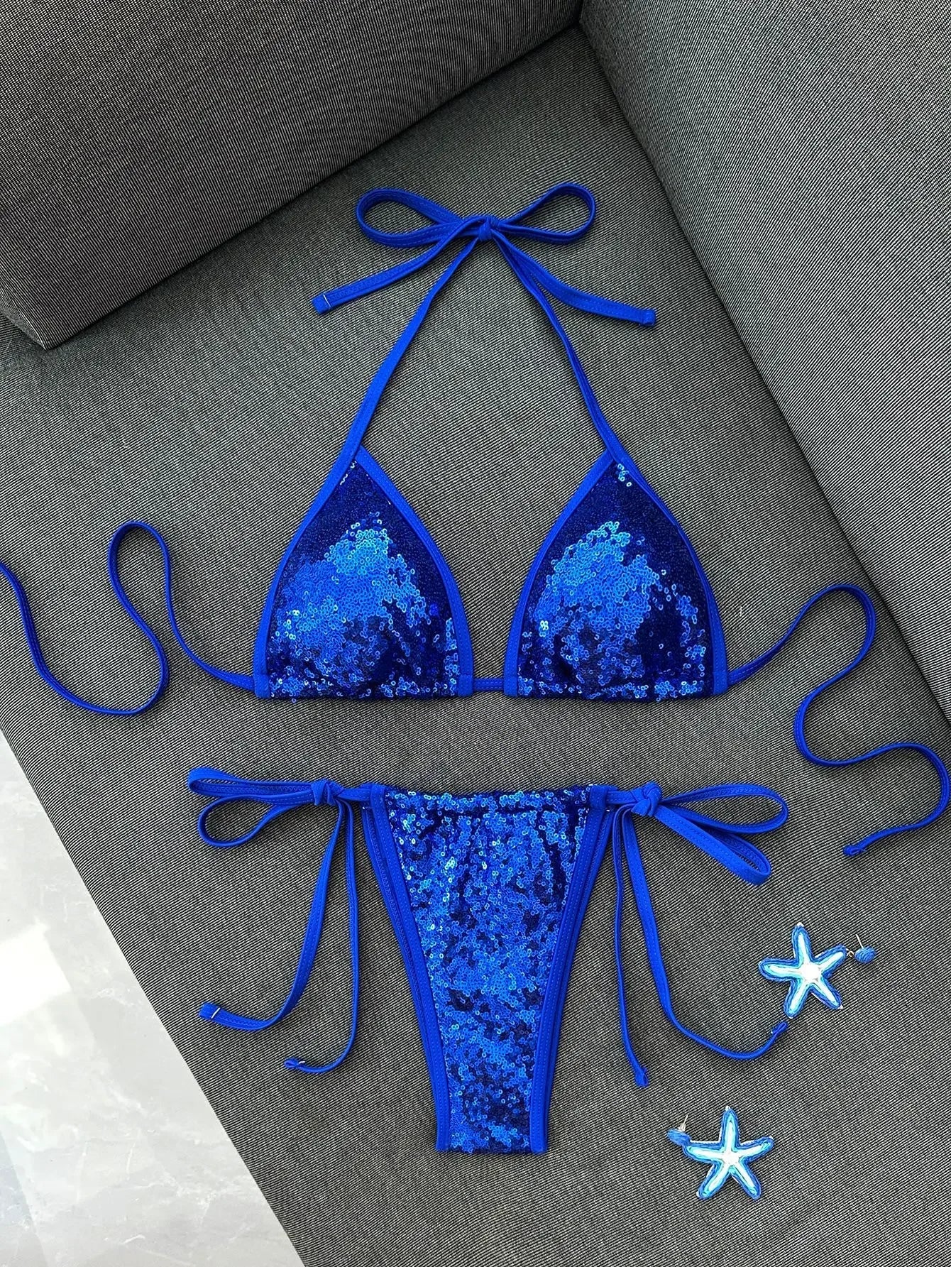 Shiny Sequin Blue Bikini Set 2026 Women Sexy Halter Push Up Bra Bandage Thong Swimsuit Beach Bathing Suit Hoiday Micro Swimwear